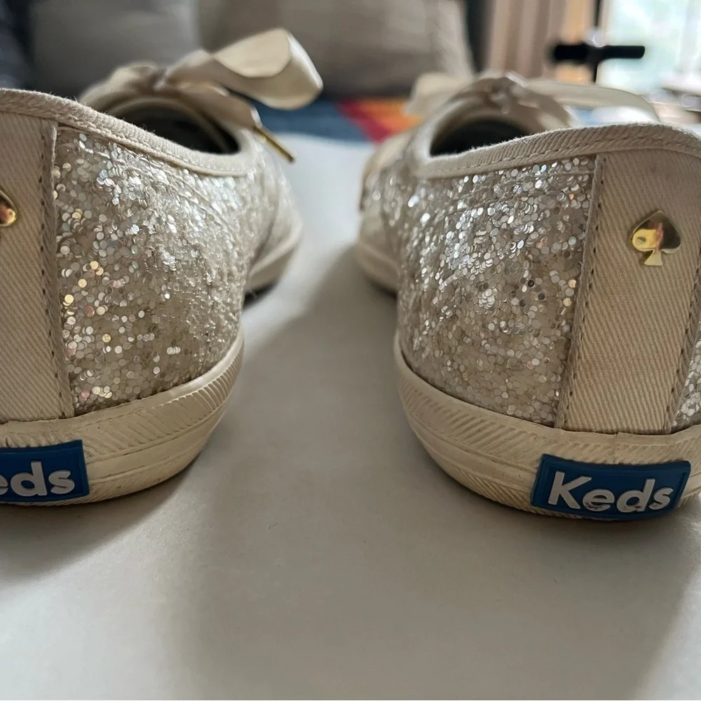 Kate Spade Keds Blinged Out Cream Glitter Canvas Sneakers Fun Ribbon Lac…